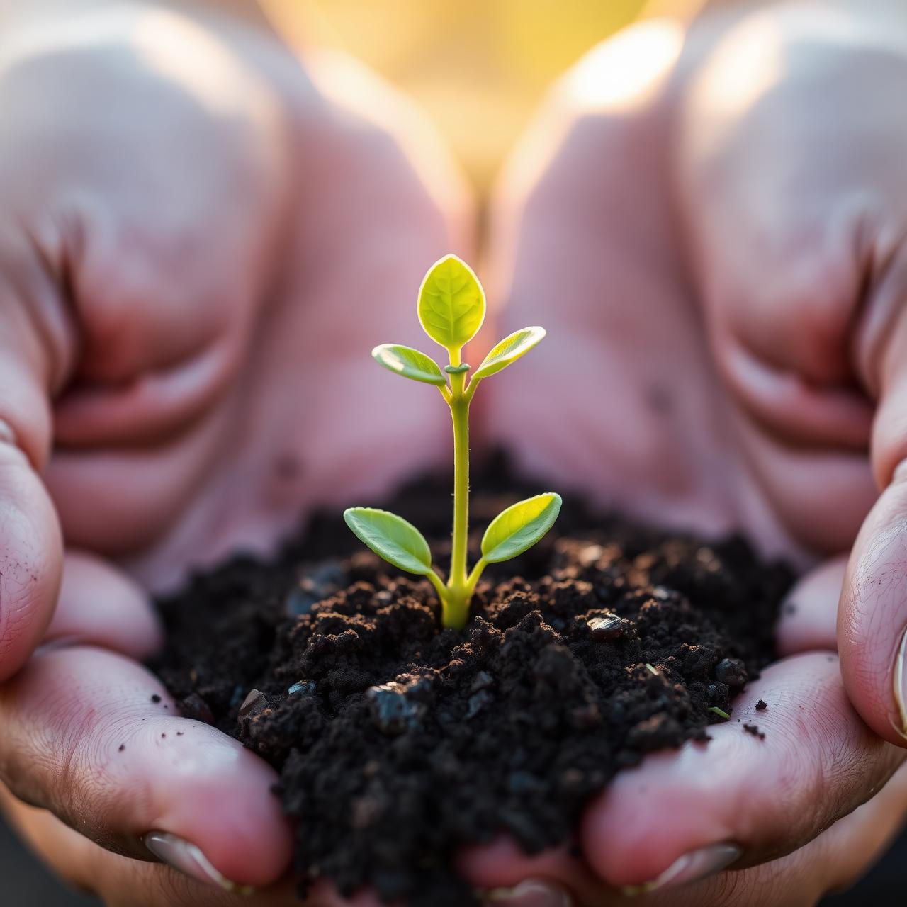 Hands holding a seedling in rich soil